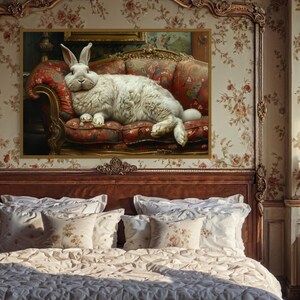 Giant Fat Bunny Wall Art – Funny Oversized White Rabbit Lounging On Ornate Victorian Sofa Canvas, Whimsical Humor Animal Print Ready To Hang