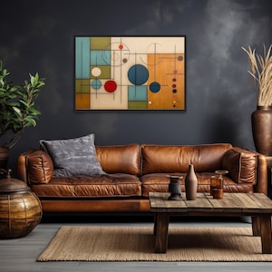 Mid Century Modern Wall Art, Geometric Painting Wood Panel Effect Canvas PRINT, Modern Wall Decor Framed Ready To Hang