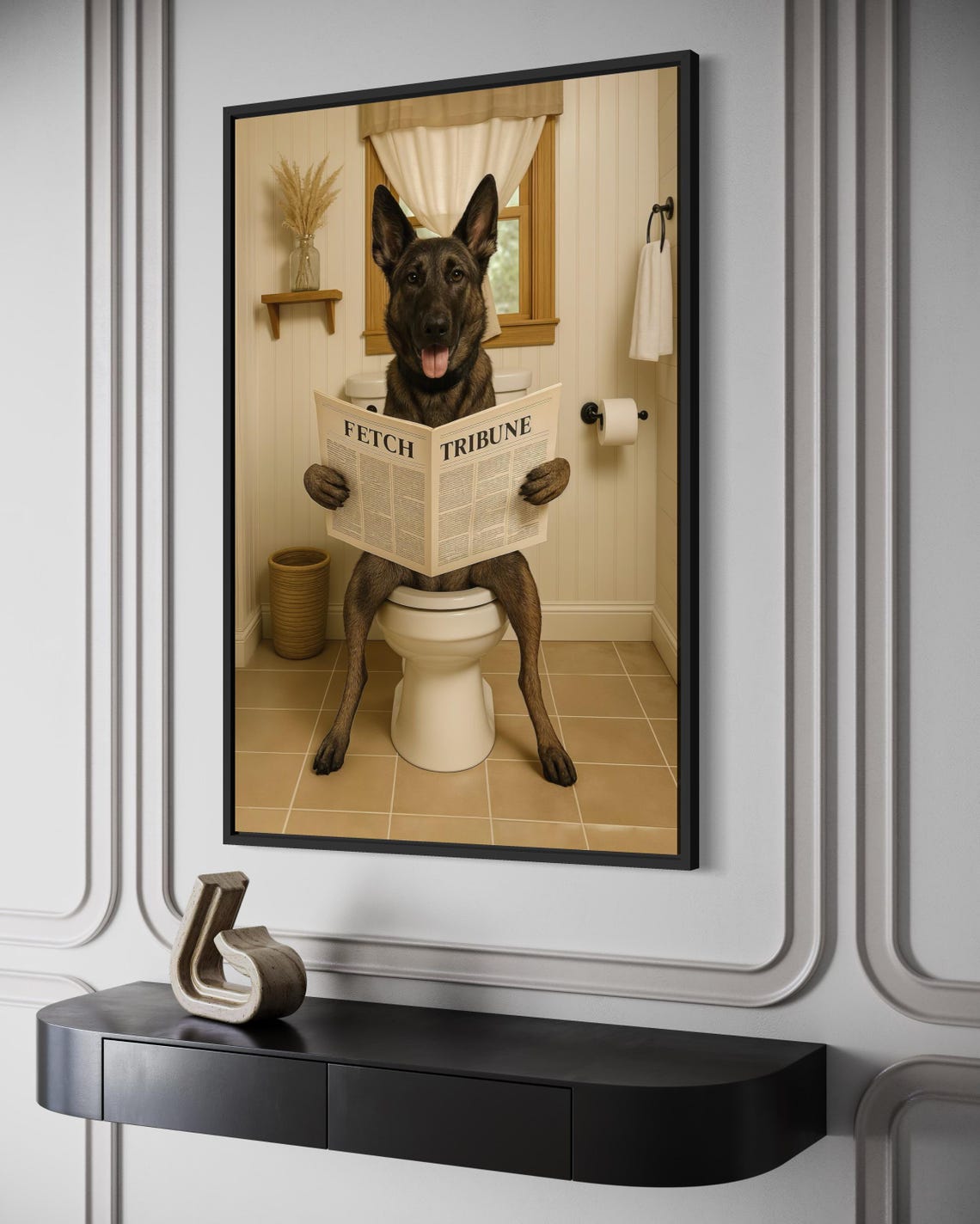 Belgian Malinois Dog on the Toilet Reading Newspaper, Funny Bathroom ...