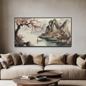 Chinese Landscape Traditional Painting Canvas PRINT, Shan Shui Hua Wall Art, Retro Chinese Mountains Lake Boat Wall Art Ready To Hang