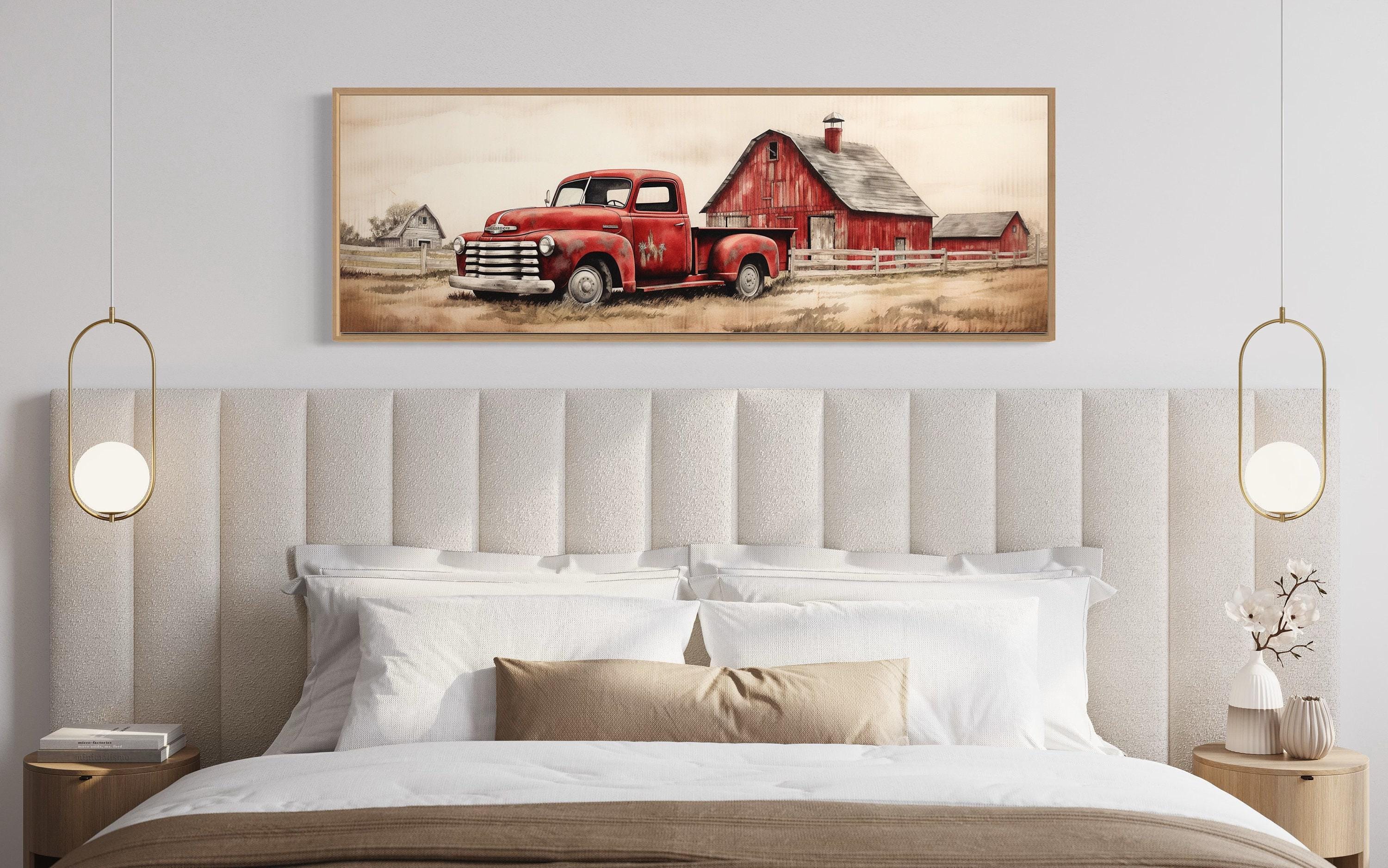 Red Truck and Barn Painting on Wood Long Horizontal Canvas PRINT ...