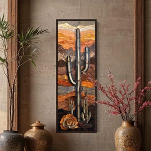 Vertical Tall Saguaro Cactus Layered Wood Style Painting Canvas PRINT, Long Narrow Brown Cactus Desert Wall Art Framed Ready To Hang