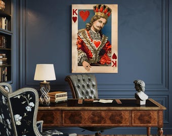 King Of Hearts Wall Art, Playing Card Painting Extra Large Canvas PRINT, Game Room, Man Cave Wall Decor Framed Ready To Hang
