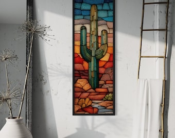 Tall Vertical Cactus Wall Art, Southwestern Desert Stained Glass Style Painting, Colorful Saguaro Canvas Framed Ready To Hang