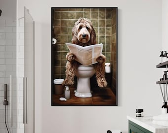 Labradoodle Dog On The Toilet Reading Newspaper, Funny Bathroom Art, Toilet Humor Animal Print or Canvas Framed Unframed Ready To Hang