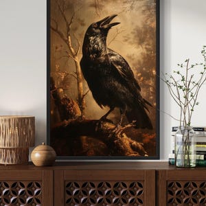 Gothic Halloween Wall Art, Raven On A Branch Painting Canvas PRINT, Dark Moody Wall Decor Framed Ready To Hang