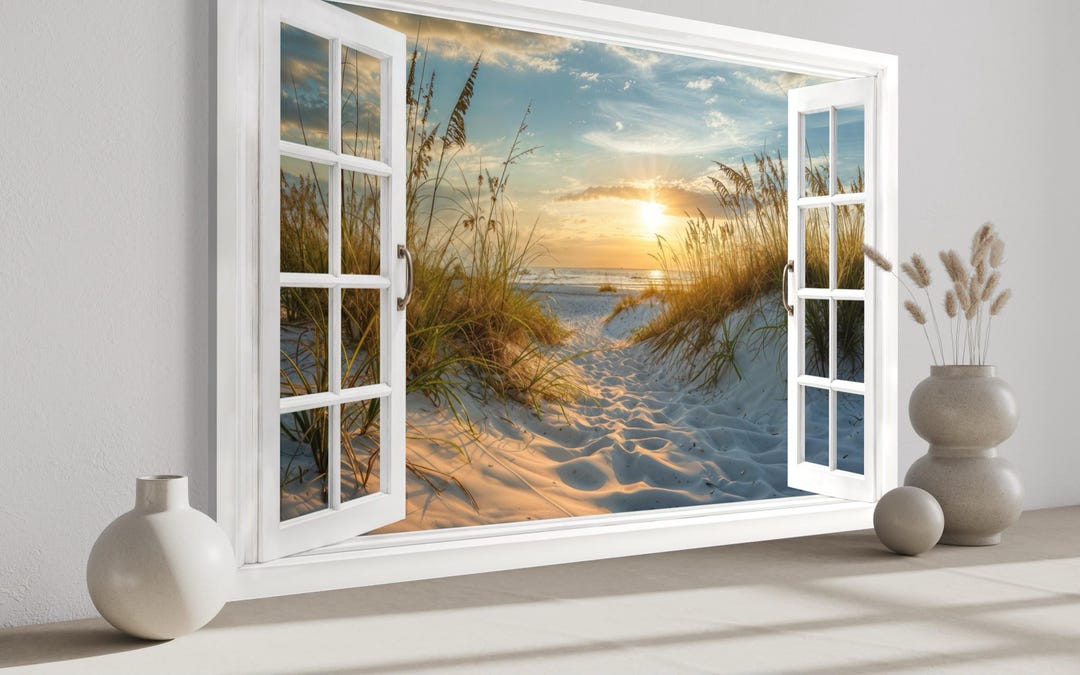 Fake Open Window View Beach Sunset Canvas Wall Art – Coastal Dunes and ...
