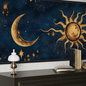 Navy Blue Gold Sun and Moon Wall Art, Celestial Painting Canvas PRINT ...