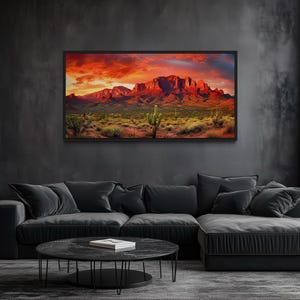 Arizona Desert Wall Art, Desert Sunset Painting Canvas PRINT, Four Peaks/ Saguaro Cacti Landscape Wall Art Framed, Unframed, Ready To Hang