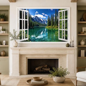 Window View Canvas - Lake And Mountains View From Open Window Painting - Green Nature Landscape Wall Art Print Ready To Hang