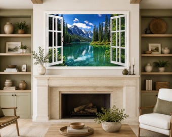 Window View Canvas - Lake And Mountains View From Open Window Painting - Green Nature Landscape Wall Art Print Ready To Hang