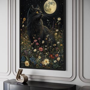 a black cat sitting in a field of flowers under a full moon.
