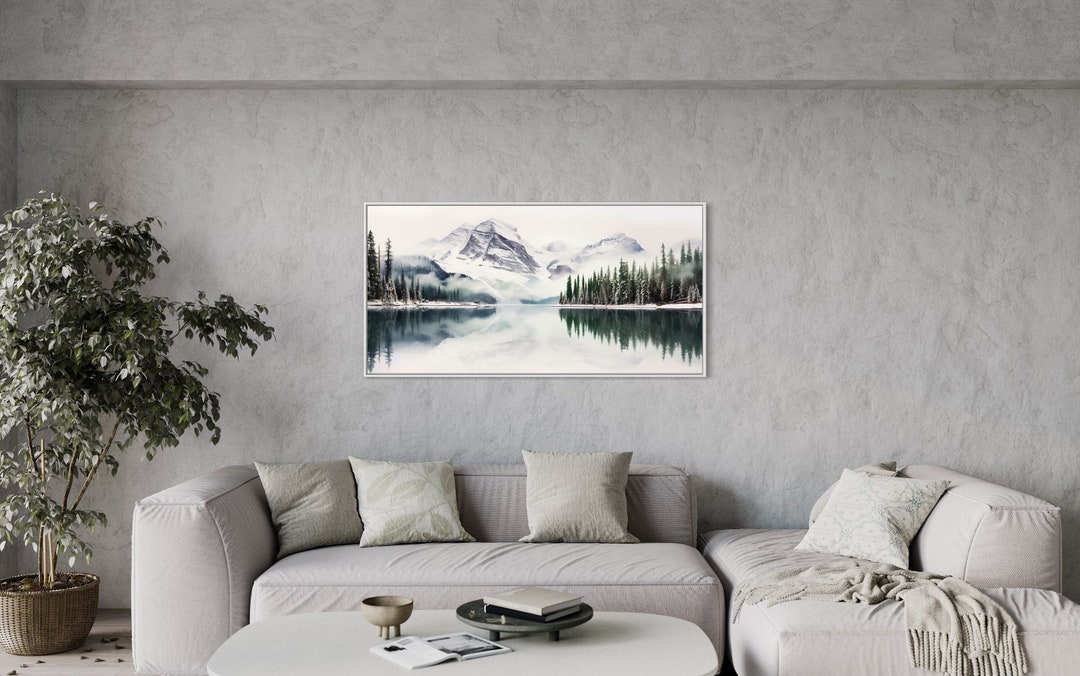 Framed Landscape Wall Art Mountain Lake and Pine Tree Forest Painting