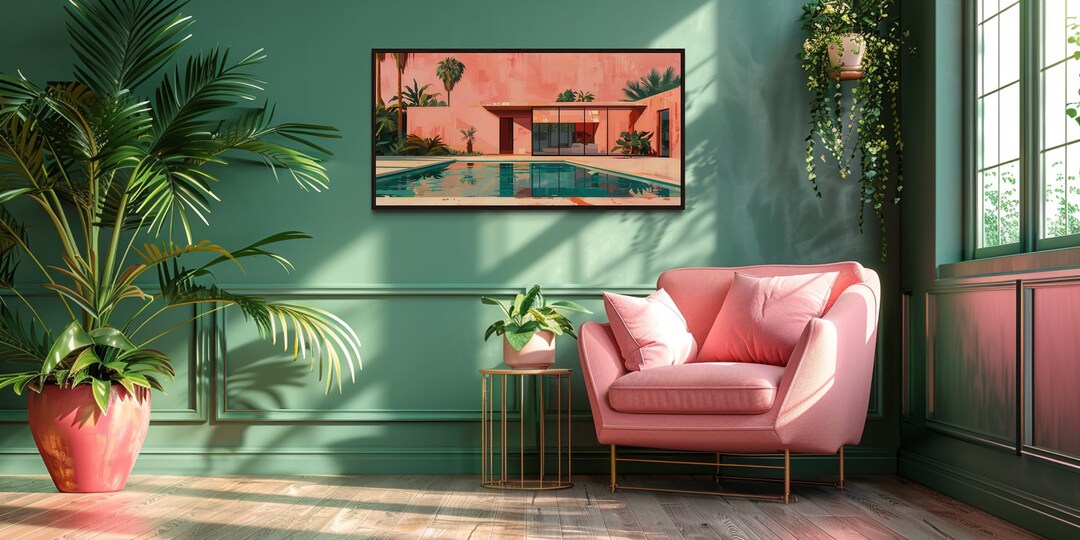 Green and Pink Wall Art Mid Century Modern House and Pool
