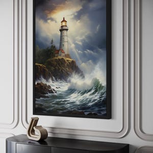 a framed painting of a lighthouse on a rocky cliff, with crashing waves in the background.
