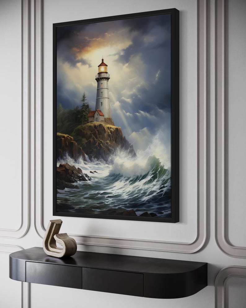 a framed painting of a lighthouse on a rocky cliff, with crashing waves in the background.