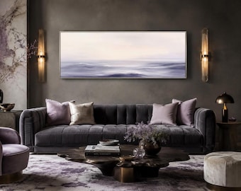 Purple Ocean Waves Wall Art – Long Horizontal Coastal Print, Soft Lavender Seascape for Modern Living Room, Bedroom, or Elegant Home Decor