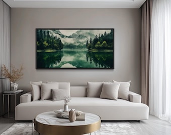 Mirror Lake And Mountains Wall Art, Emerald Green Nature Painting Canvas PRINT, Landscape Wall Decor, Living Room Art Ready To Hang