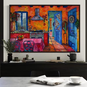 Mexican Kitchen Wall Art - Colorful Vibrant Folk Style Art Painting - Bright Southwest Decor Canvas Print Framed Ready To Hang