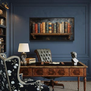 Stack of Vintage Books Wall Art, Dark Academia Antique Library Painting Canvas Print, Literary Home Decor Framed Ready To Hang