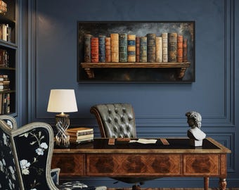 Stack of Vintage Books Wall Art, Dark Academia Antique Library Painting Canvas Print, Literary Home Decor Framed Ready To Hang