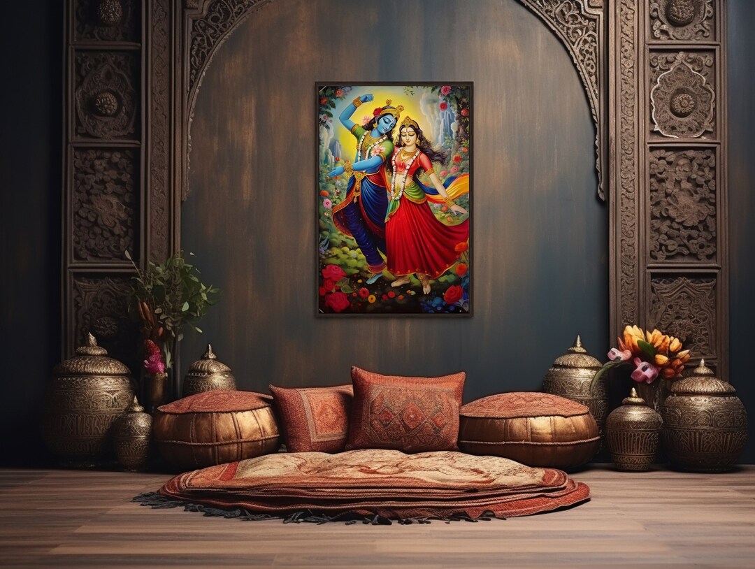 Lord Krishna and Radha Dancing Colorful Painting Canvas PRINT, Indian