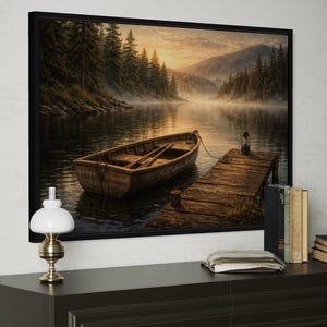 May include: A framed landscape art print depicts a serene lake scene with a wooden boat tied to a dock. The artwork features a misty atmosphere, with trees and mountains in the background. The color palette includes browns, greens, and soft yellows.