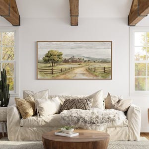 Vintage Farm Barn Wall Art - Old Barn In The Farm Landscape Painting Canvas PRINT, Rustic Farmhouse Wall Decor Framed Ready To Hang