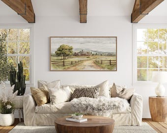 Vintage Farm Barn Wall Art - Old Barn In The Farm Landscape Painting Canvas PRINT, Rustic Farmhouse Wall Decor Framed Ready To Hang