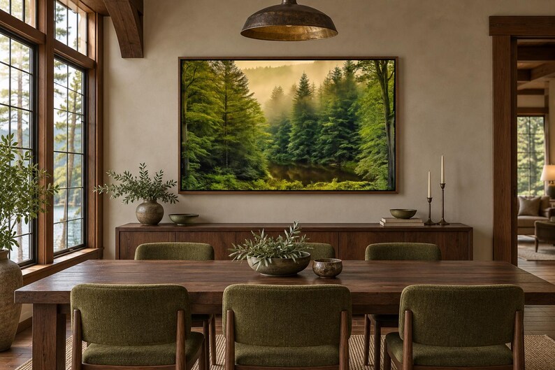 May include: A rectangular framed wall art print depicting a misty forest landscape with dense green pine trees, mounted above a dark wooden sideboard and a matching dining table with six olive green upholstered chairs.