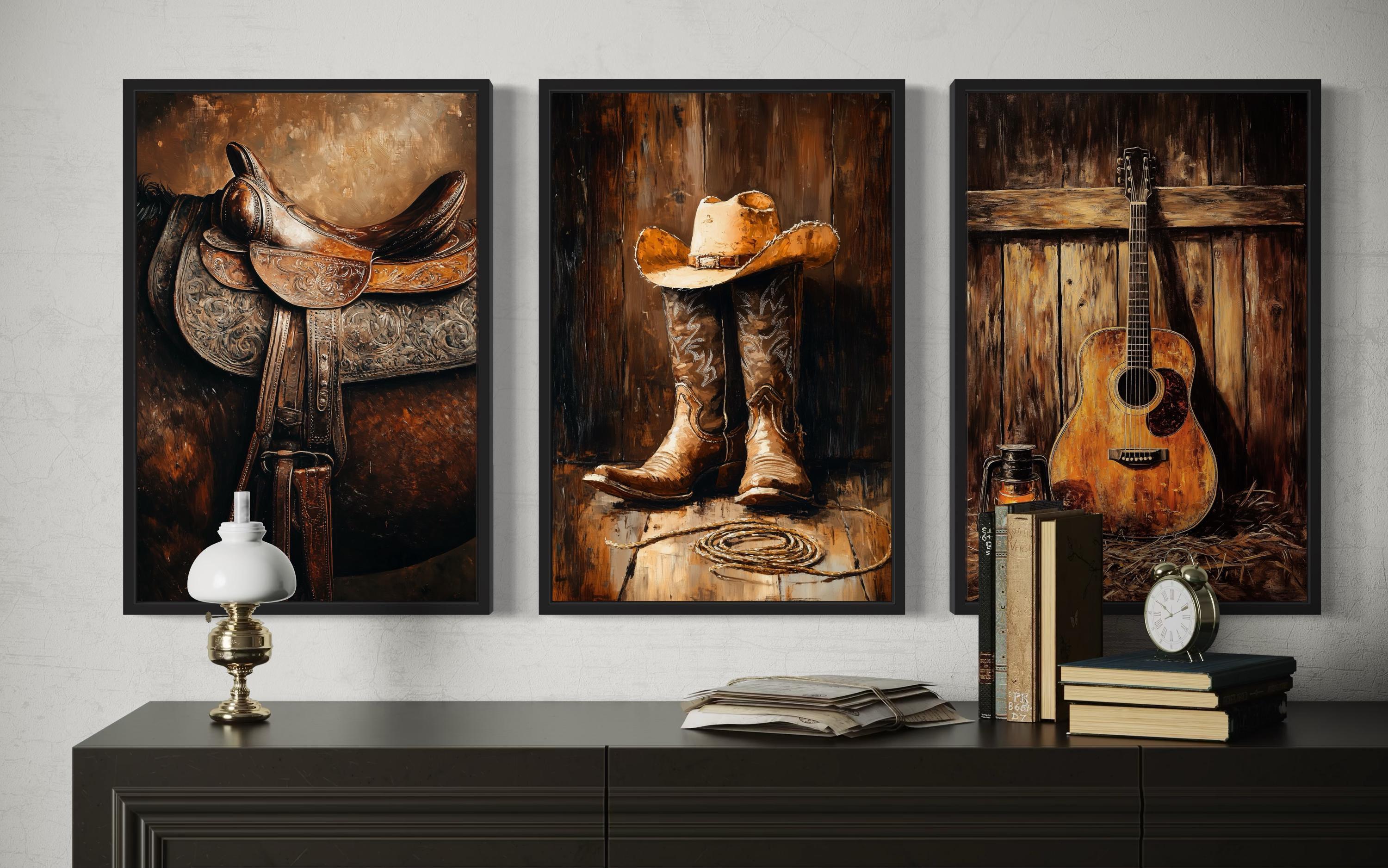 Set of 3 Western Wall Art, Cowboy Wall Decor - Horse Saddle, Boots and ...