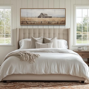 Rustic Farmhouse Wall Art - Old Barn Country Neutral Painting Printed On Long Horizontal Canvas With or Without Frame Ready To Hang