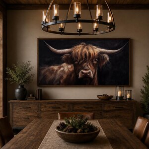 Highland Cow On Black Background Wall Art - Farmhouse, Living Room Art, Scottish Cattle Painting Printed On Canvas Framed Ready To Hang