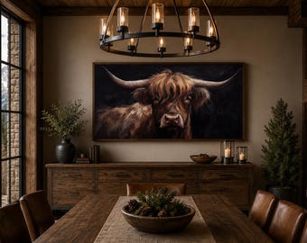 Highland Cow On Black Background Wall Art - Farmhouse, Living Room Art, Scottish Cattle Painting Printed On Canvas Framed Ready To Hang