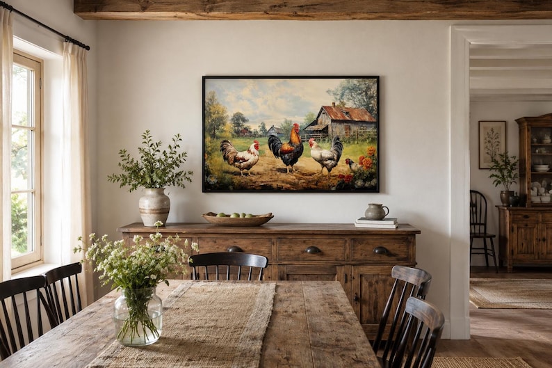 Farmhouse Wall Art, Roosters Chickens Retro Painting Canvas PRINT, Farm Wall Decor, Farm Kitchen Art Framed Unframed Ready to Hang image 15