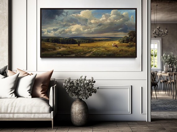 Framed Retro Landscape Canvas Painting PRINT, Cows In The Field Pastoral Wall Art, Farmhouse Wall Decor Ready To Hang