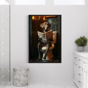 German Shorthaired Pointer On The Toilet Reading Newspaper, Funny Bathroom Art, Toilet Humor Print or Canvas Framed Unframed Ready To Hang