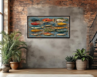 Vintage Fishing Lures Wall Art – Rustic Colorful Fish Tackle Canvas Print for Cabin, Lodge, or Lake House Decor Framed Ready To Hang