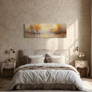Golden Autumn Trees Wall Art, Long Horizontal Lake Landscape Canvas Print, Modern Neutral Fall Painting For Living Room Framed Ready To Hang