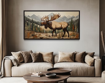 Moose In Mountain Forest Painting, Wildlife Art, Rustic Lodge Decor Wood Panel Effect Canvas PRINT, Cabin Wall Decor Ready To Hang