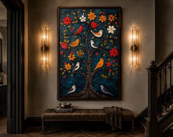 Madhubani Birds In A Tree Wall Art Canvas Print, Indian Folk Art Painting, Colorful Floral Tree Artwork, Blue Background Indian Wall Decor