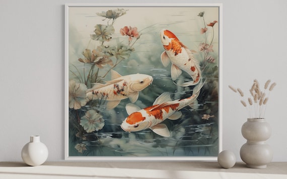 Koi Fish Wall Art - Colorful Koi in The Pond Square Painting Canvas Print - Zen Art, Japanese Wall Decor, Framed, Unframed, Ready To Hang