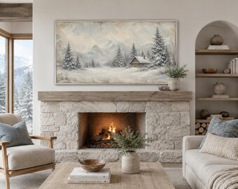 Mountain Cabin In Snowy Mountains Wall Art - Rustic Cabin Painting Canvas PRINT, Vintage Winter Wall Decor, Framed Ready To Hang