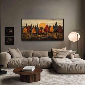 Rustic Forest Wall Art Autumn Wood Forest Painting Canvas Print With Wood Effect, Cabin Decor Rustic Wall Art, Framed Ready To Hang