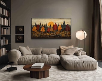 Rustic Forest Wall Art Autumn Wood Forest Painting Canvas Print With Wood Effect, Cabin Decor Rustic Wall Art, Framed Ready To Hang