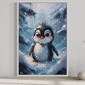 Cute Penguin In Snow Watercolor Painting, Nursery Wall Art PRINT, Arctic Animals Wall Art, Framed Ready To Hang