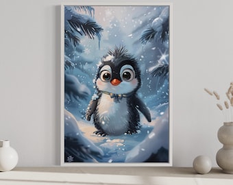 Cute Penguin In Snow Watercolor Painting, Nursery Wall Art PRINT, Arctic Animals Wall Art, Framed Ready To Hang