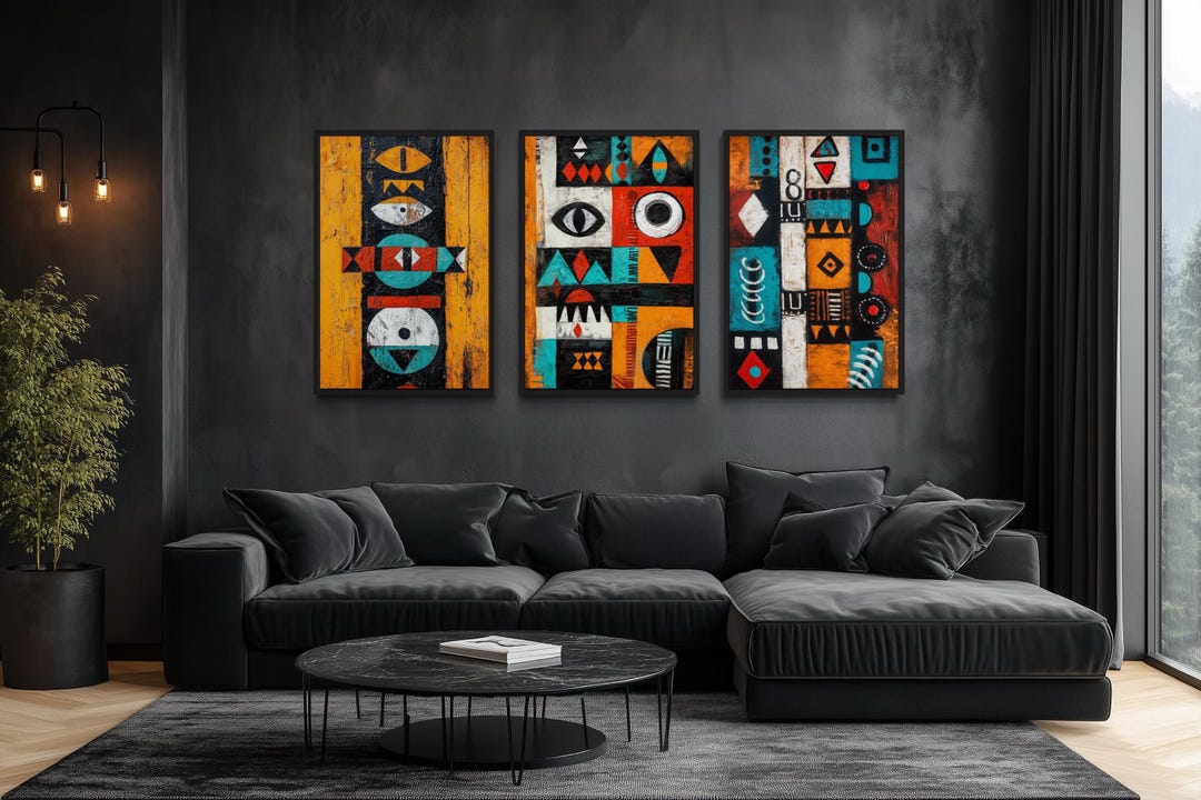 African Wall Art Set of 3 - Tribal Abstract Geometric Art Prints ...