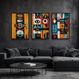 African Wall Art Set of 3 - Tribal Abstract Geometric Art Prints, Ethnic Pattern Bold Orange Teal Black Canvas For Living Room Wall Decor