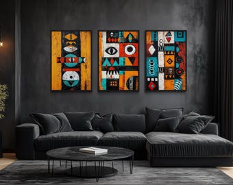 African Wall Art Set of 3 - Tribal Abstract Geometric Art Prints, Ethnic Pattern Bold Orange Teal Black Canvas For Living Room Wall Decor